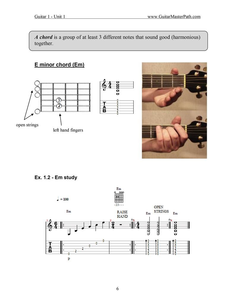 Example page from Guitar 1 course materials showing tablature and diagrams